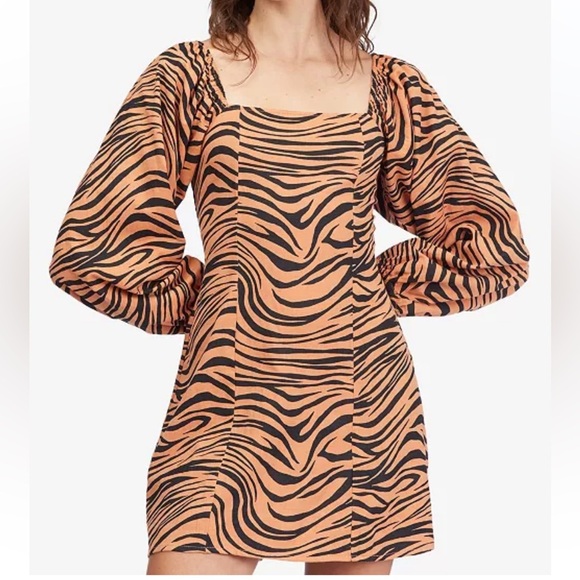 Billabong Dresses & Skirts - NWT Billabong Tiger Animal Print Square Neck Puff Long Sleeve Smocked Mink Dress